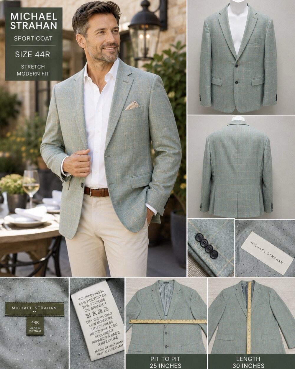 Michael Strahan Gray Windowpane Sport Coat Blazer Men’s 44R Stretch 2-Button